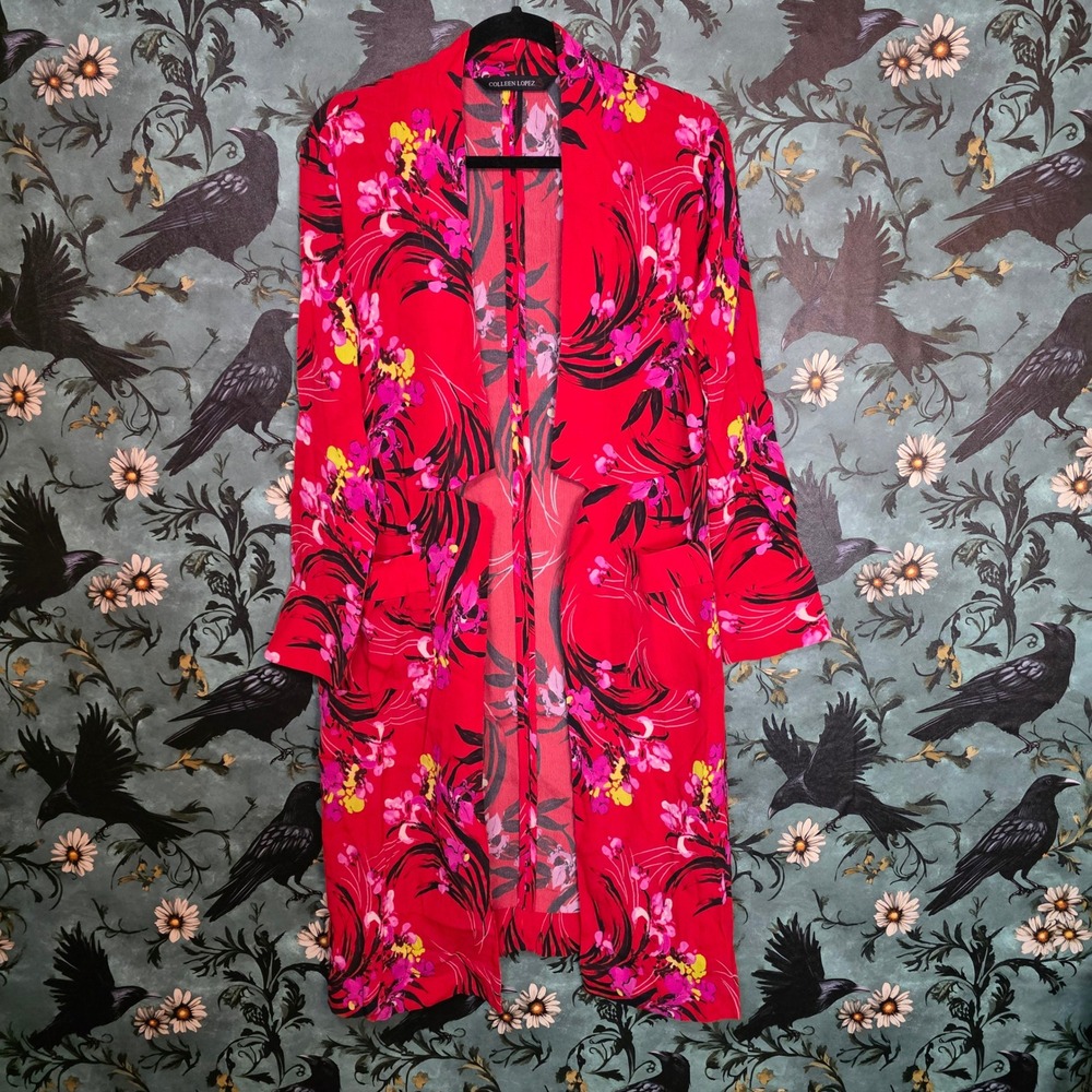 Colleen Lopez Duster Floral Red Tropical Open Front Rayon Long‎ Cardigan XS Boho
